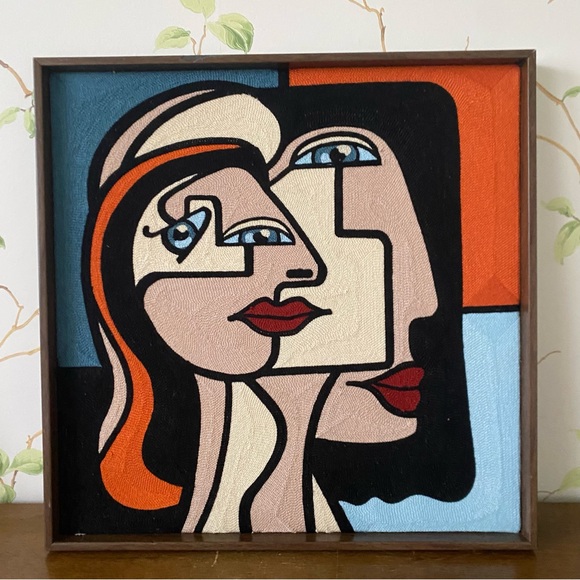 Vintage Other - Laurent Folco Faces Crewel Yarn Textile Wall Art - Cubist Faces - Ori Tahiti